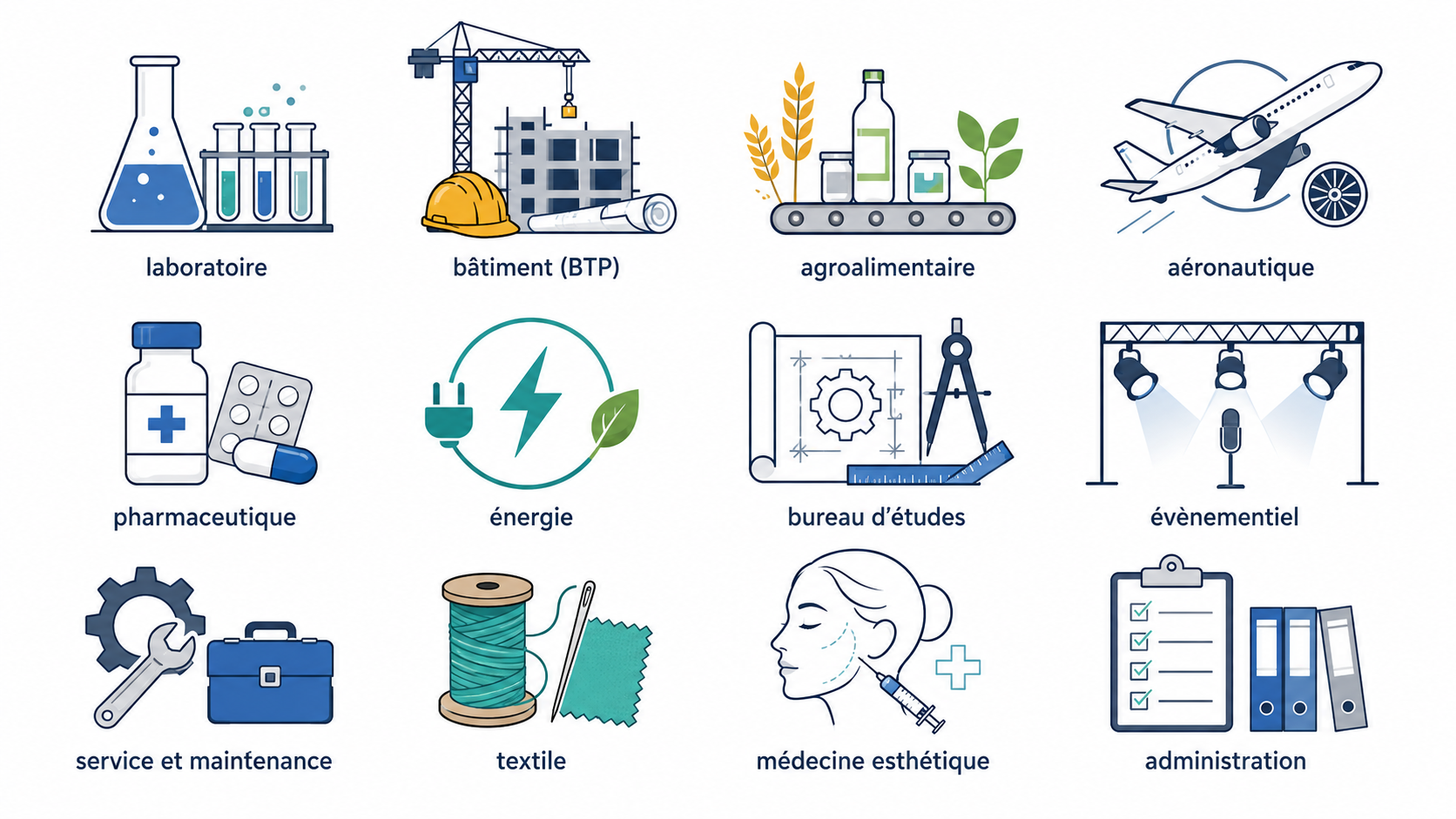 laboratoire, bâtiment, agroalimentaire, aéronautique, énergie, bureau d'études, évènementiel, service et maintenance, textile, médecine esthétique, administration